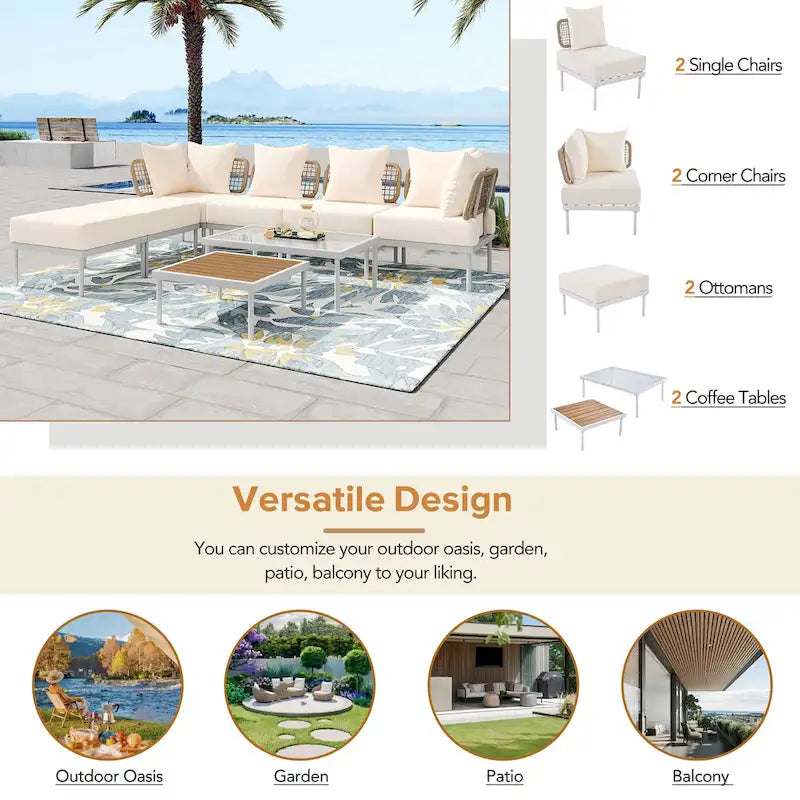 Outdoor 8-Piece Iron Modular Sectional Sofa Set with Glass & Wood Tables