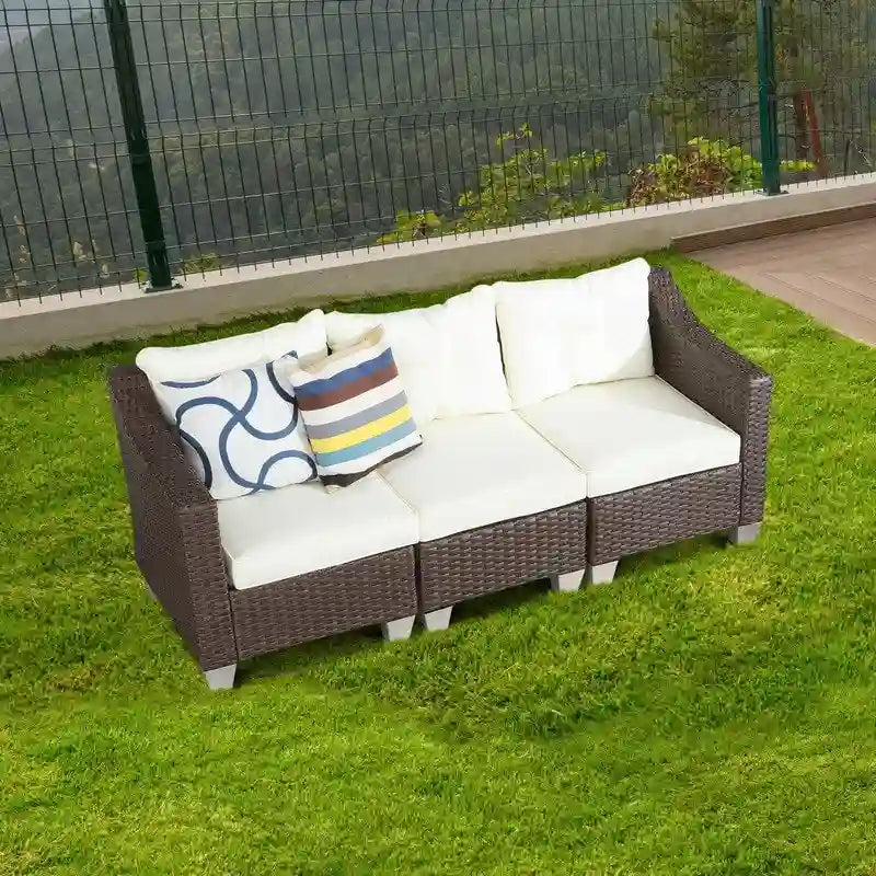 Patio Festival Wicker Loveseat Sofa with Off-White Cushions