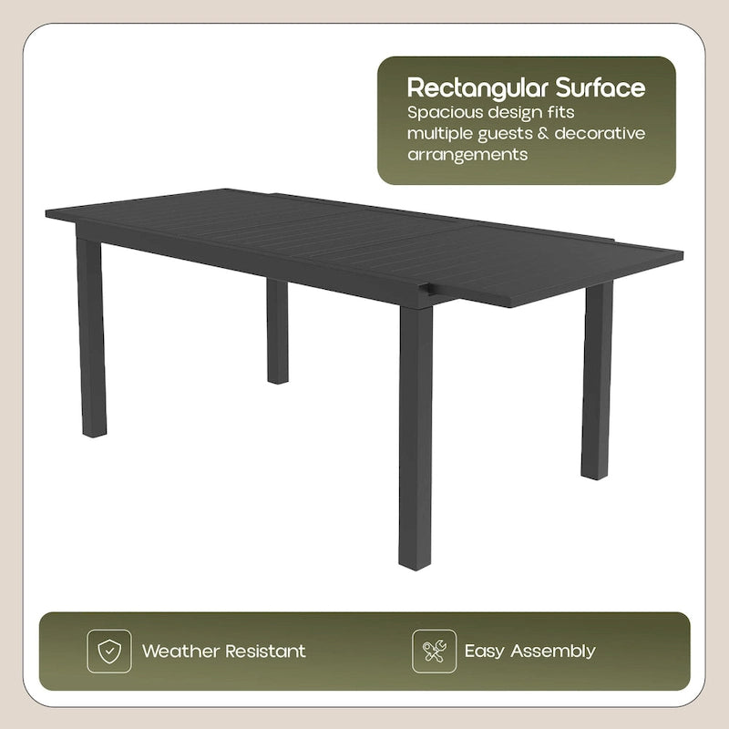 Rectangular Outdoor Patio Dining Table in Aluminum Extendable Leaf Tabletop for Porch & Backyard