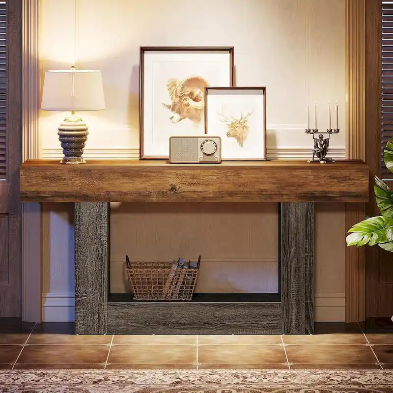 Farmhouse 2 Tiers Entryway Table, 63 Inches Console Table, Narrow Sofa Table
