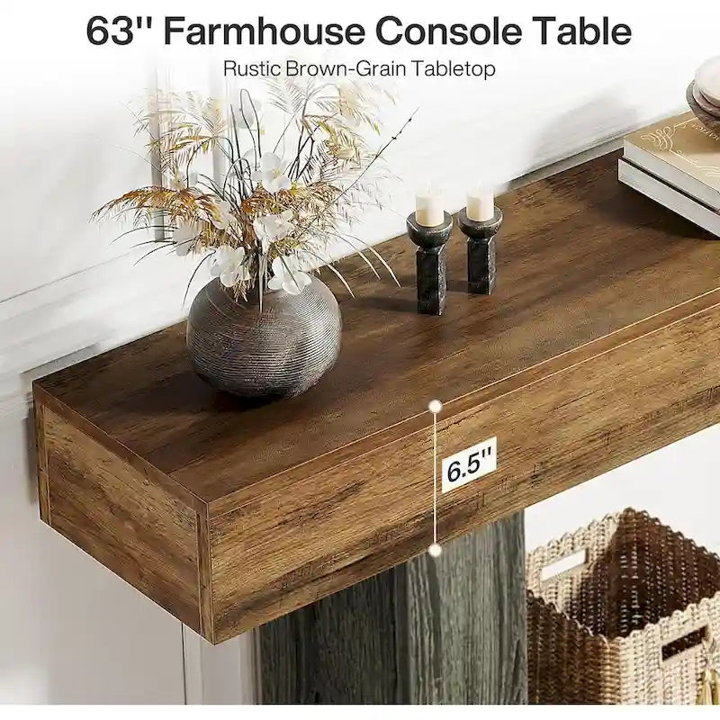 Farmhouse 2 Tiers Entryway Table, 63 Inches Console Table, Narrow Sofa Table