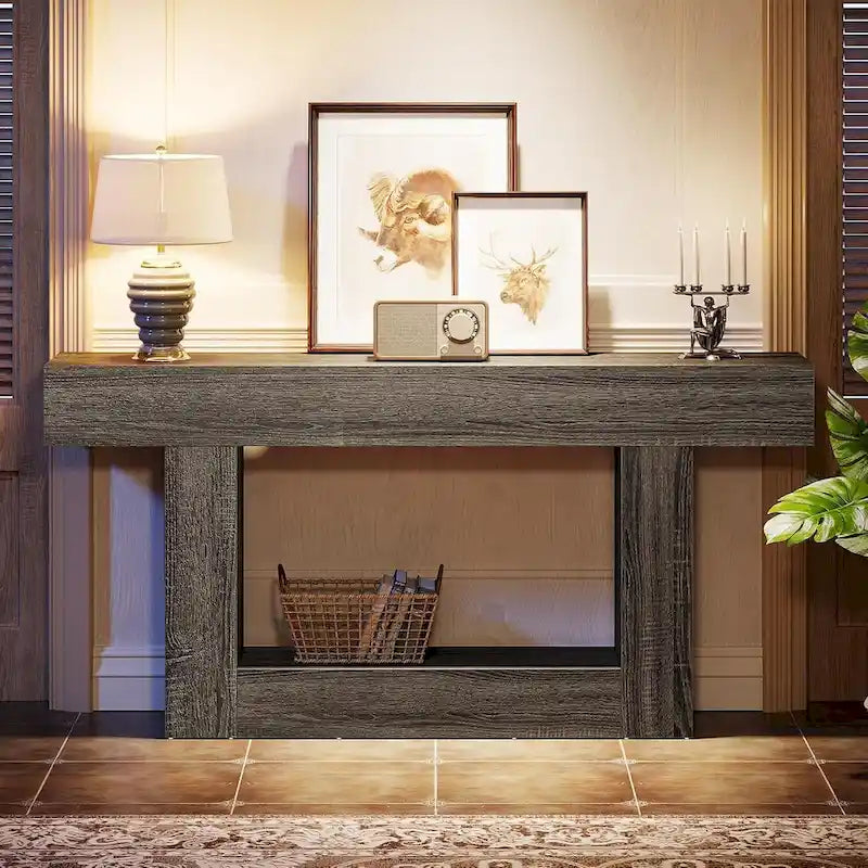 Farmhouse 2 Tiers Entryway Table, 63 Inches Console Table, Narrow Sofa Table
