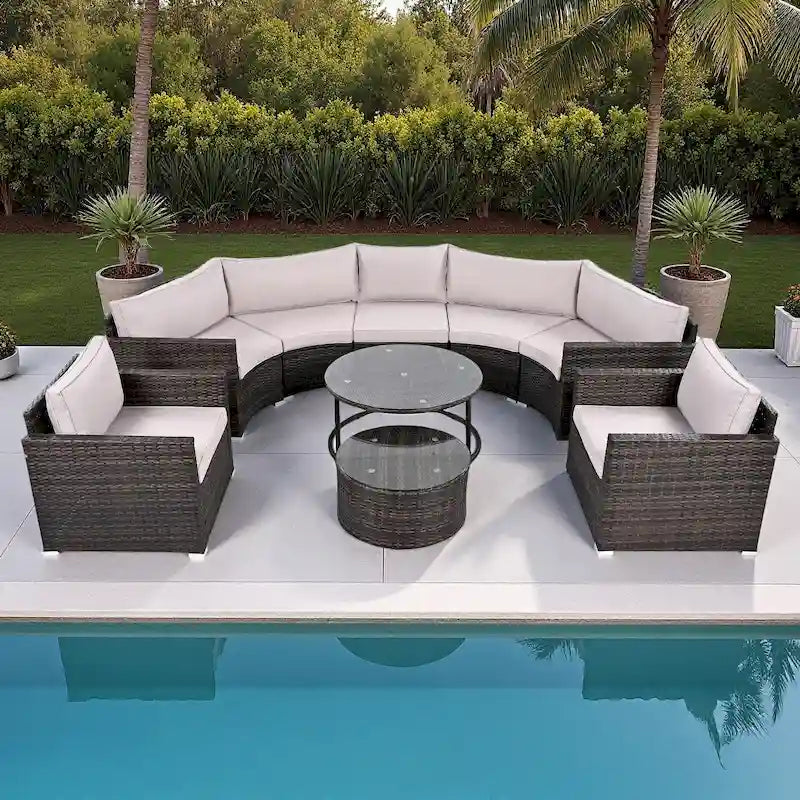 9-Piece Outdoor Patio Wicker Half-Moon Sectional Sofa Set with Nesting Coffee Table and 2 Armchair