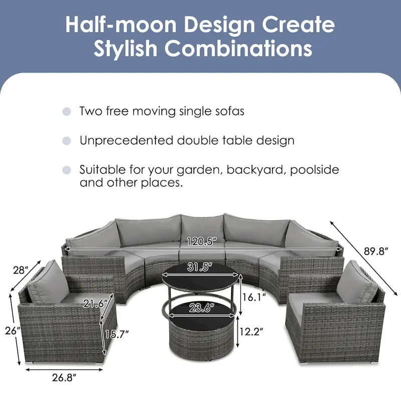 9-Piece Outdoor Patio Wicker Half-Moon Sectional Sofa Set with Nesting Coffee Table and 2 Armchair