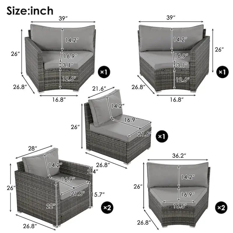 9-Piece Outdoor Patio Wicker Half-Moon Sectional Sofa Set with Nesting Coffee Table and 2 Armchair