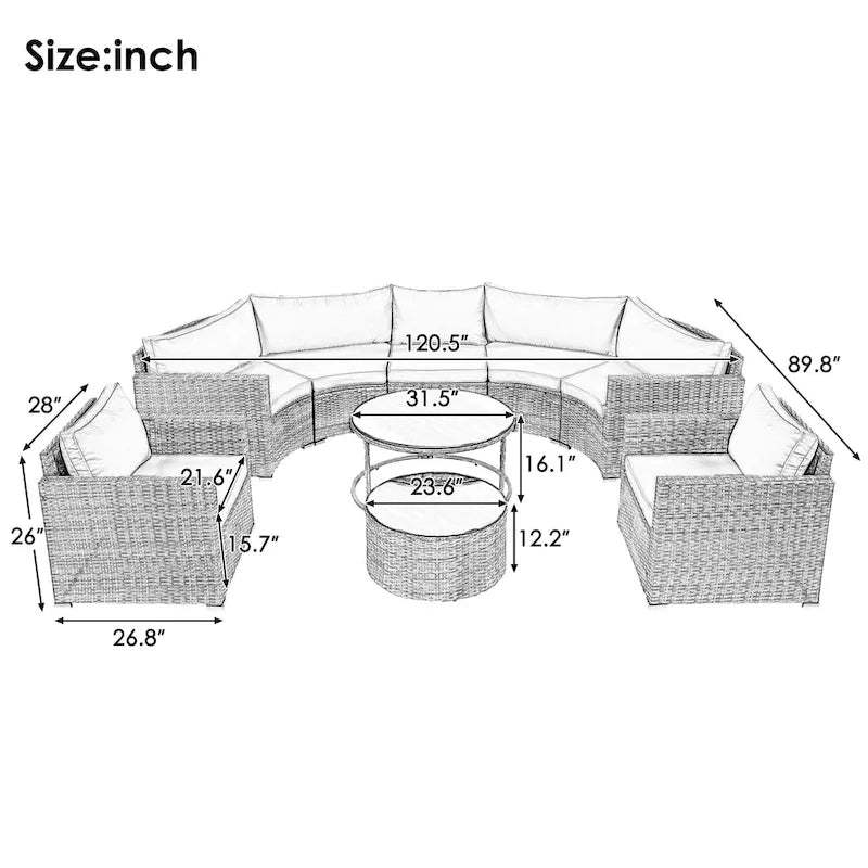 9-Piece Outdoor Patio Wicker Half-Moon Sectional Sofa Set with Nesting Coffee Table and 2 Armchair