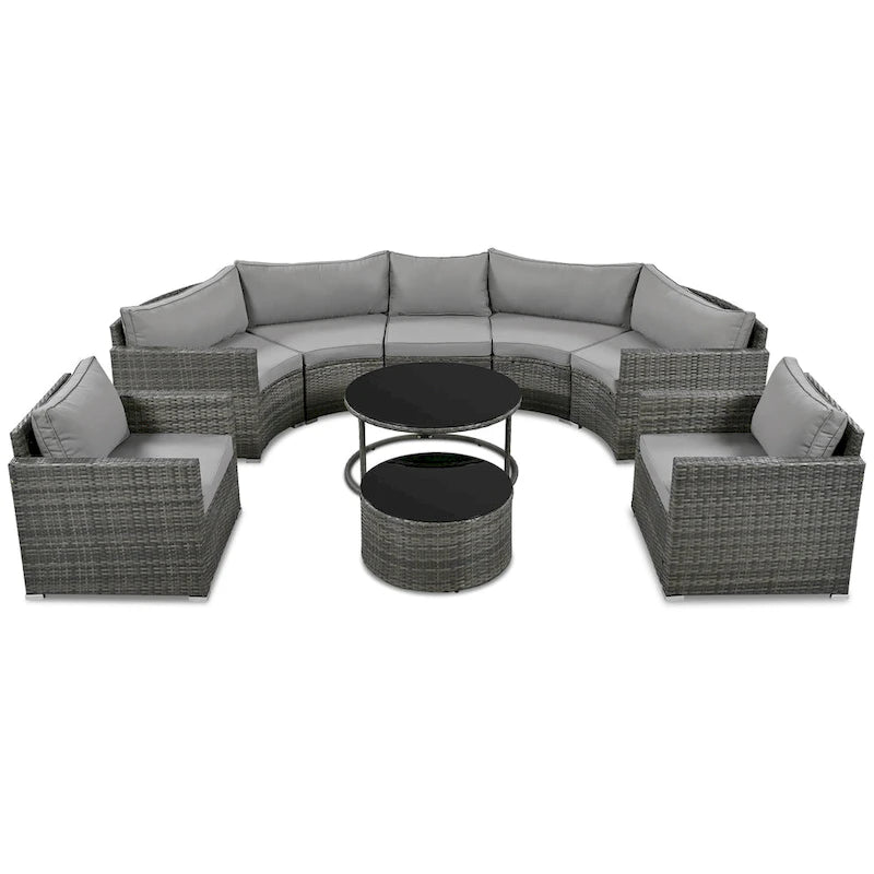 9-Piece Outdoor Patio Wicker Half-Moon Sectional Sofa Set with Nesting Coffee Table and 2 Armchair