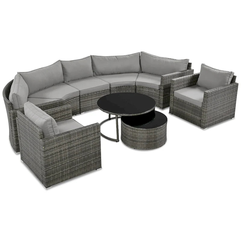 9-Piece Outdoor Patio Wicker Half-Moon Sectional Sofa Set with Nesting Coffee Table and 2 Armchair
