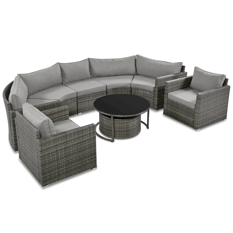 9-Piece Outdoor Patio Wicker Half-Moon Sectional Sofa Set with Nesting Coffee Table and 2 Armchair