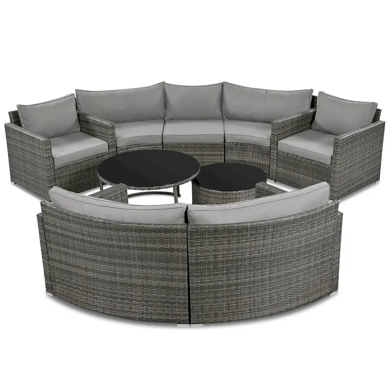 9-Piece Outdoor Patio Wicker Half-Moon Sectional Sofa Set with Nesting Coffee Table and 2 Armchair