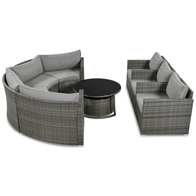 9-Piece Outdoor Patio Wicker Half-Moon Sectional Sofa Set with Nesting Coffee Table and 2 Armchair