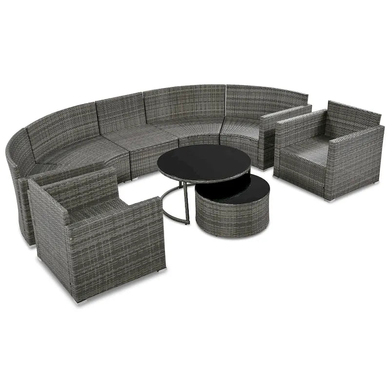 9-Piece Outdoor Patio Wicker Half-Moon Sectional Sofa Set with Nesting Coffee Table and 2 Armchair