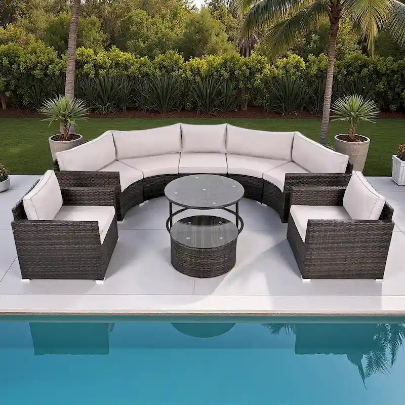 9-Piece Outdoor Patio Wicker Half-Moon Sectional Sofa Set with Nesting Coffee Table and 2 Armchair