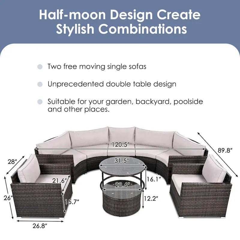 9-Piece Outdoor Patio Wicker Half-Moon Sectional Sofa Set with Nesting Coffee Table and 2 Armchair