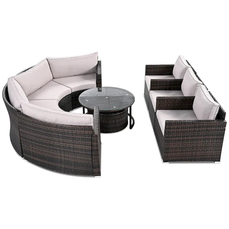 9-Piece Outdoor Patio Wicker Half-Moon Sectional Sofa Set with Nesting Coffee Table and 2 Armchair