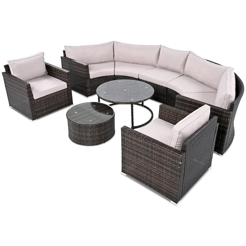 9-Piece Outdoor Patio Wicker Half-Moon Sectional Sofa Set with Nesting Coffee Table and 2 Armchair