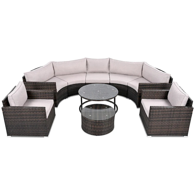 9-Piece Outdoor Patio Wicker Half-Moon Sectional Sofa Set with Nesting Coffee Table and 2 Armchair