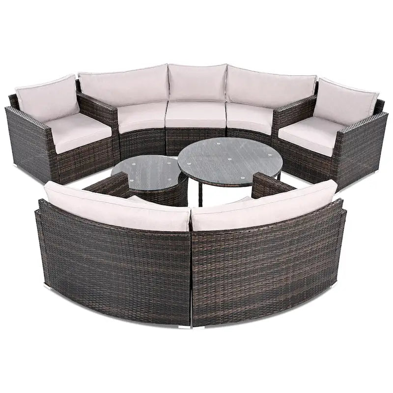 9-Piece Outdoor Patio Wicker Half-Moon Sectional Sofa Set with Nesting Coffee Table and 2 Armchair