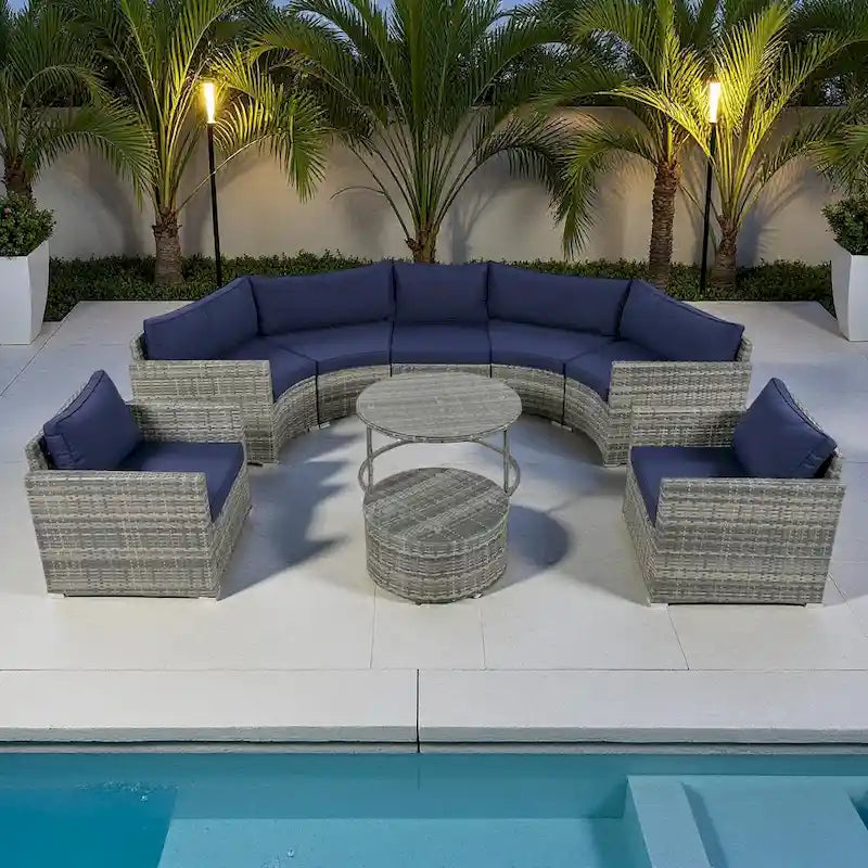 9-Piece Outdoor Patio Wicker Half-Moon Sectional Sofa Set with Nesting Coffee Table and 2 Armchair