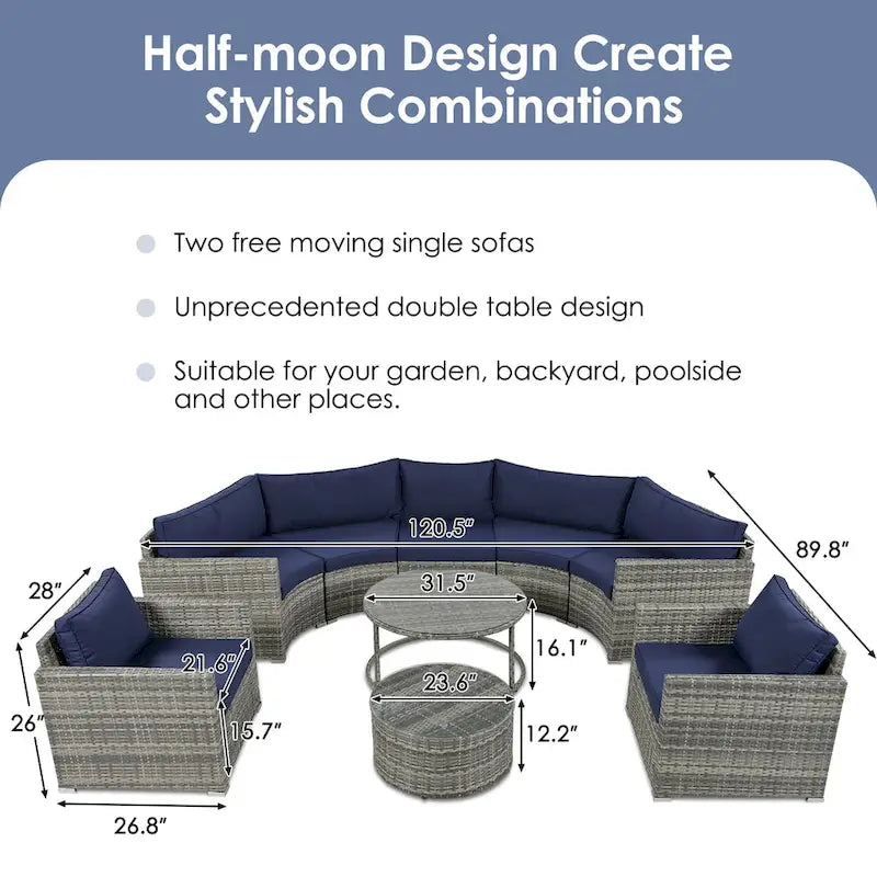 9-Piece Outdoor Patio Wicker Half-Moon Sectional Sofa Set with Nesting Coffee Table and 2 Armchair