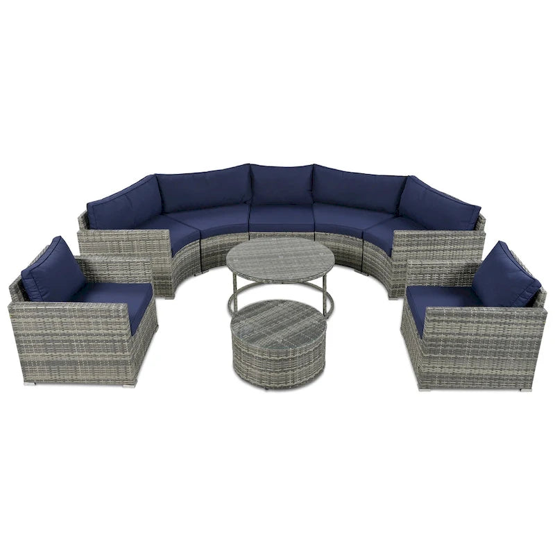 9-Piece Outdoor Patio Wicker Half-Moon Sectional Sofa Set with Nesting Coffee Table and 2 Armchair