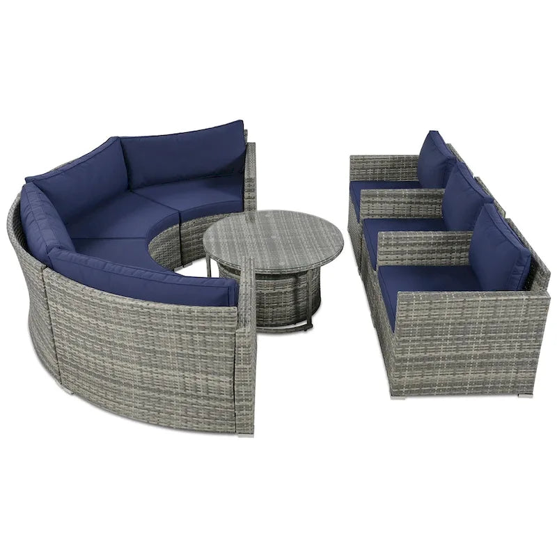 9-Piece Outdoor Patio Wicker Half-Moon Sectional Sofa Set with Nesting Coffee Table and 2 Armchair