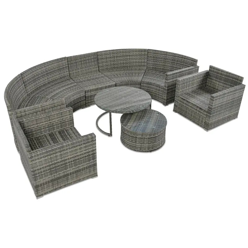 9-Piece Outdoor Patio Wicker Half-Moon Sectional Sofa Set with Nesting Coffee Table and 2 Armchair