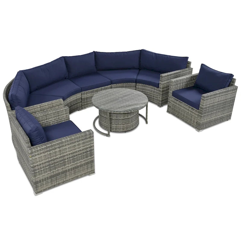 9-Piece Outdoor Patio Wicker Half-Moon Sectional Sofa Set with Nesting Coffee Table and 2 Armchair