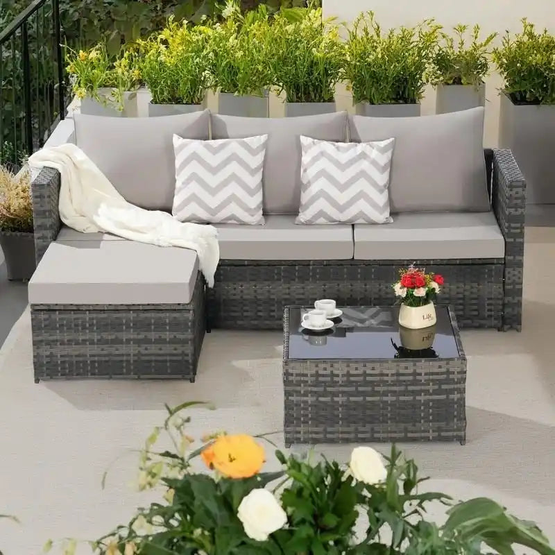 2-Pieces Outdoor Patio L-Shaped Sectional Sofa Set with Glass Coffee Table