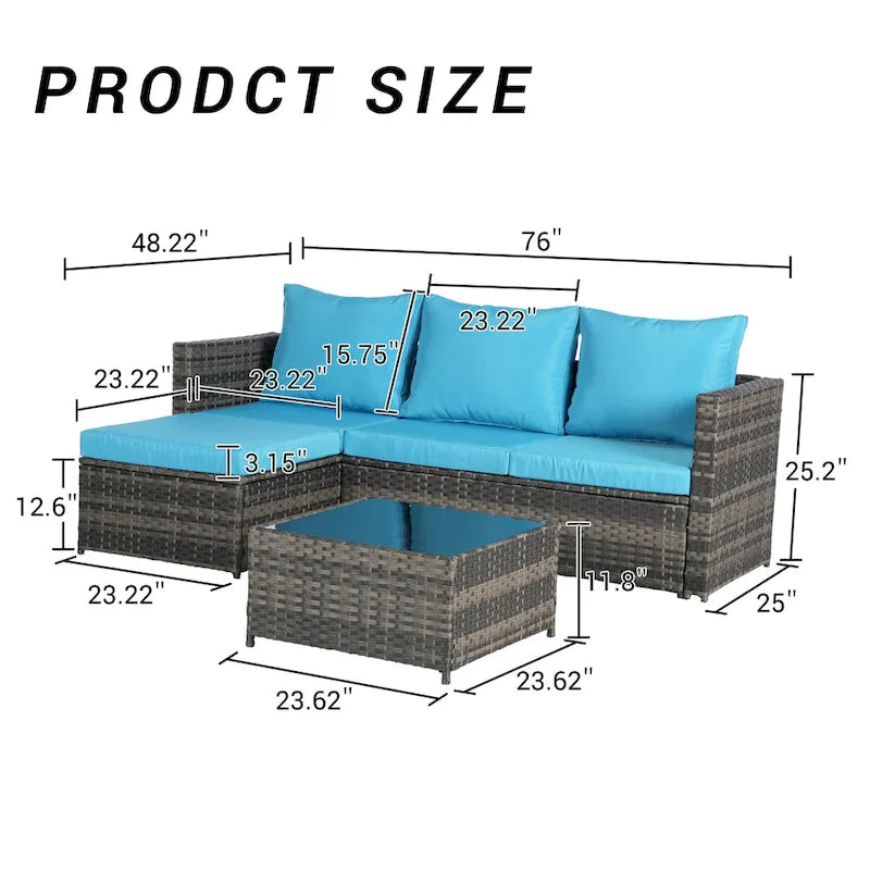 2-Pieces Outdoor Patio L-Shaped Sectional Sofa Set with Glass Coffee Table