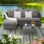 2-Pieces Outdoor Patio L-Shaped Sectional Sofa Set with Glass Coffee Table