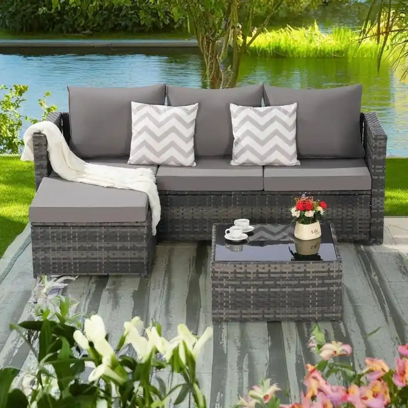2-Pieces Outdoor Patio L-Shaped Sectional Sofa Set with Glass Coffee Table