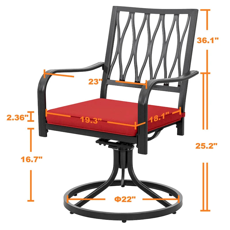 Outdoor 2-Piece Metal Swivel Dining Chairs with Red Cushions