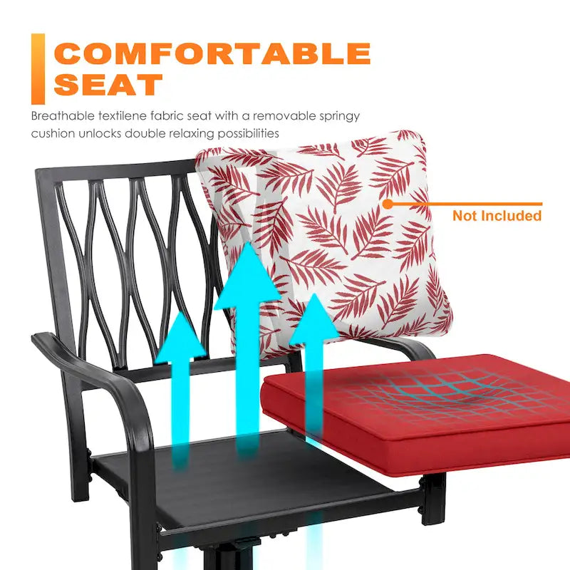 Outdoor 2-Piece Metal Swivel Dining Chairs with Red Cushions