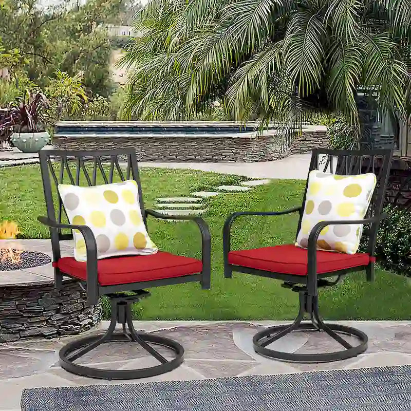 Outdoor 2-Piece Metal Swivel Dining Chairs with Red Cushions