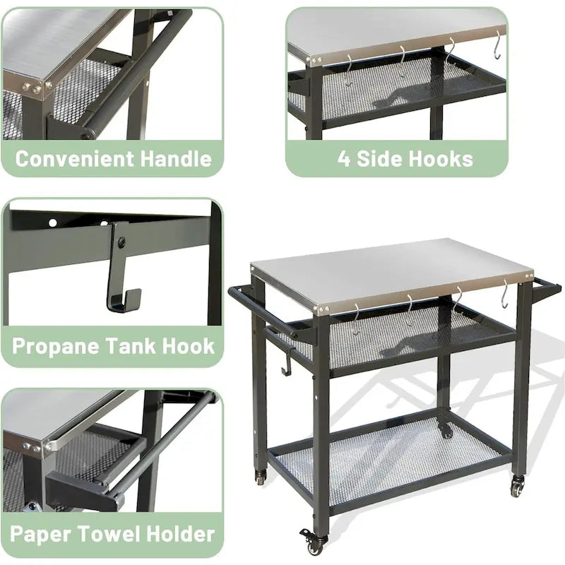 GDFStudio - Kendrick 3-Tier Outdoor Grill Table with Rolling Wheels and Multifunctional Prep Surface