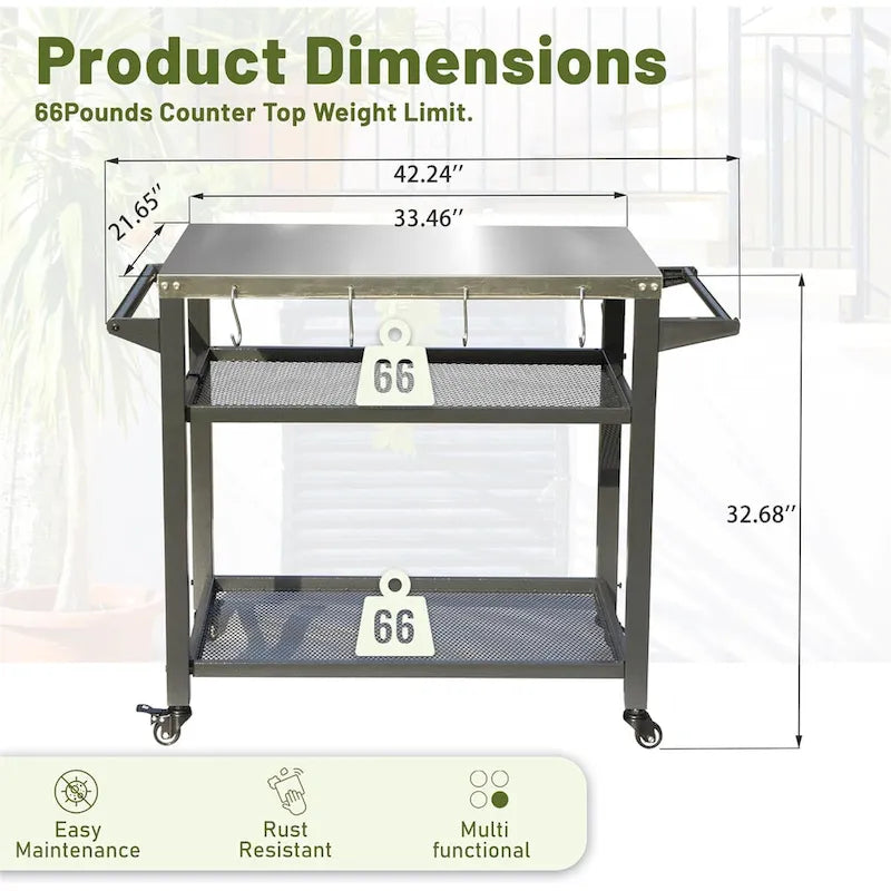 GDFStudio - Kendrick 3-Tier Outdoor Grill Table with Rolling Wheels and Multifunctional Prep Surface