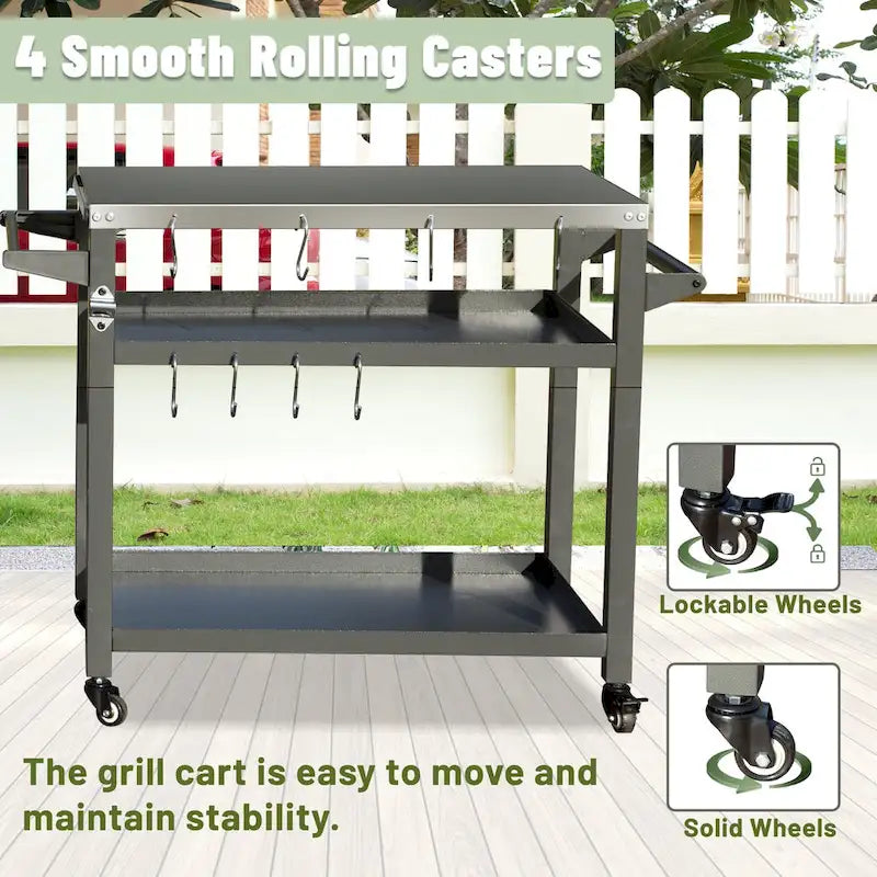 GDFStudio - Kendrick 3-Tier Outdoor Grill Table with Rolling Wheels and Multifunctional Prep Surface