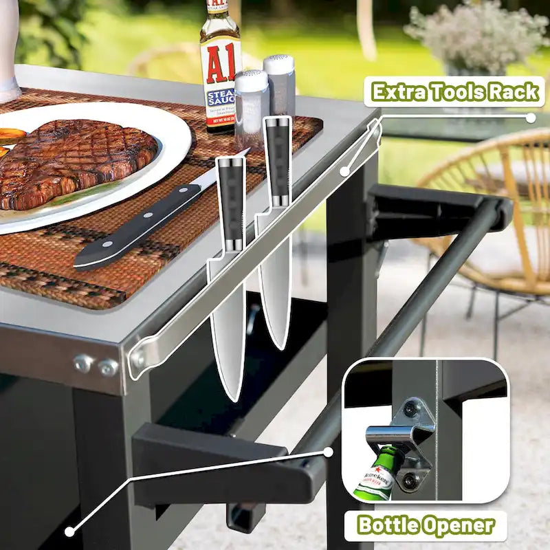GDFStudio - Kendrick 3-Tier Outdoor Grill Table with Rolling Wheels and Multifunctional Prep Surface