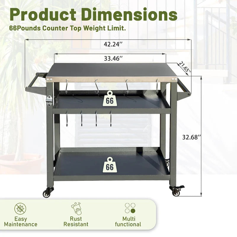 GDFStudio - Kendrick 3-Tier Outdoor Grill Table with Rolling Wheels and Multifunctional Prep Surface