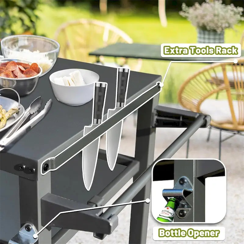 GDFStudio - Kendrick 3-Tier Outdoor Grill Table with Rolling Wheels and Multifunctional Prep Surface