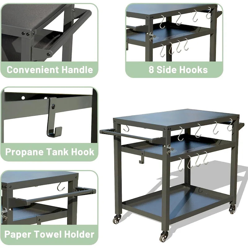 GDFStudio - Kendrick 3-Tier Outdoor Grill Table with Rolling Wheels and Multifunctional Prep Surface