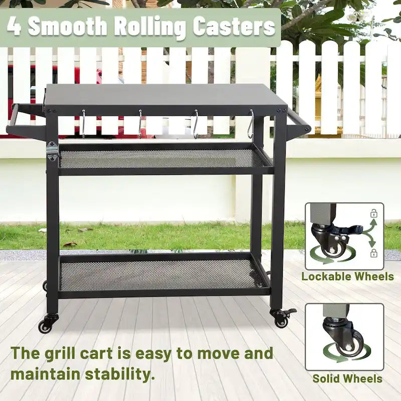 GDFStudio - Kendrick 3-Tier Outdoor Grill Table with Rolling Wheels and Multifunctional Prep Surface