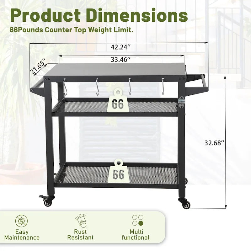 GDFStudio - Kendrick 3-Tier Outdoor Grill Table with Rolling Wheels and Multifunctional Prep Surface