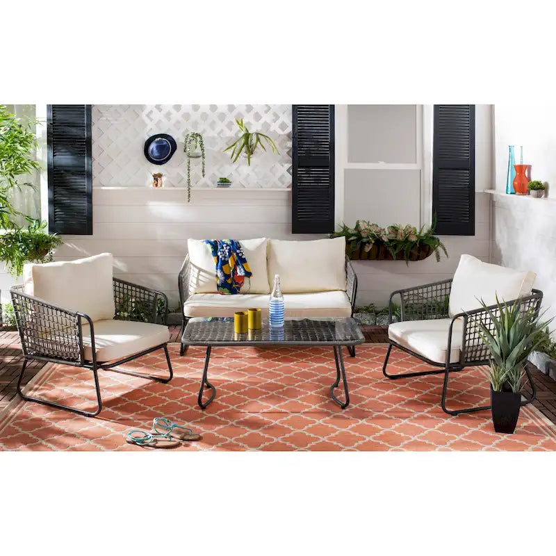 SAFAVIEH Outdoor Yuridia 4 Piece Living Set - Brown / White - 50W x 27D x 28H