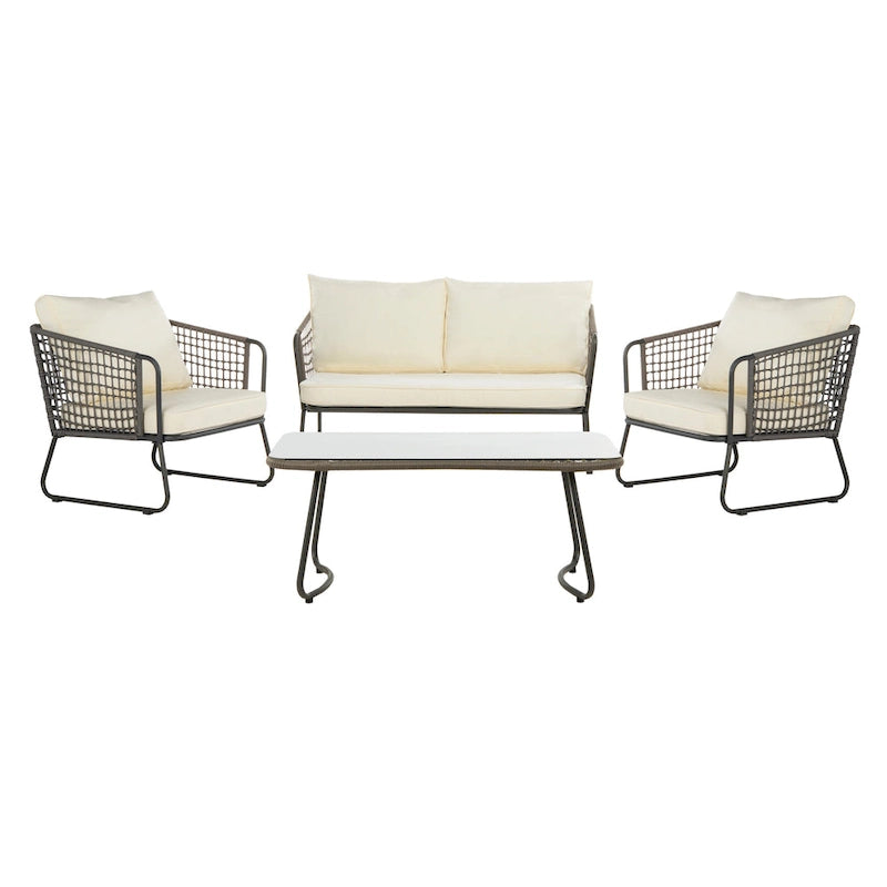 SAFAVIEH Outdoor Yuridia 4 Piece Living Set - Brown / White - 50W x 27D x 28H
