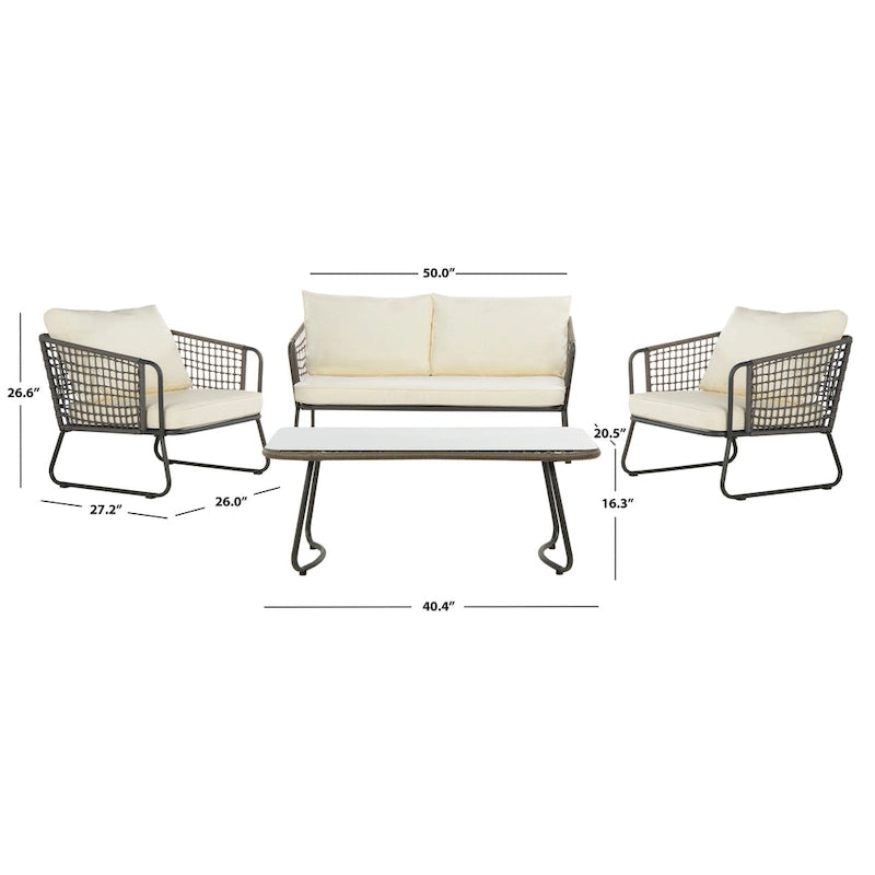 SAFAVIEH Outdoor Yuridia 4 Piece Living Set - Brown / White - 50W x 27D x 28H