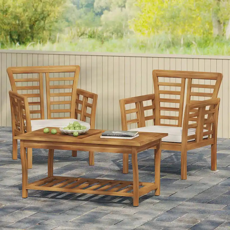 Caydon Acacia Wood Outdoor Club Chair and Coffee Table Set with Cushions by Christopher Knight Home