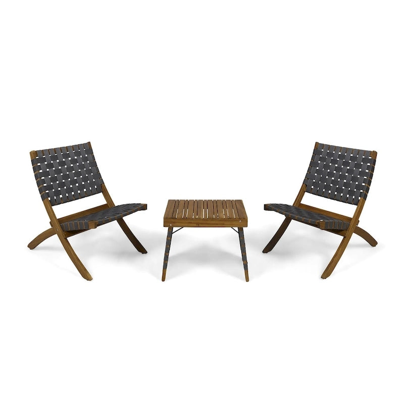 Huntsville Outdoor Foldable 2 Seater Acacia Wood Chat Set with Strapping Belt Accents by Christopher Knight Home