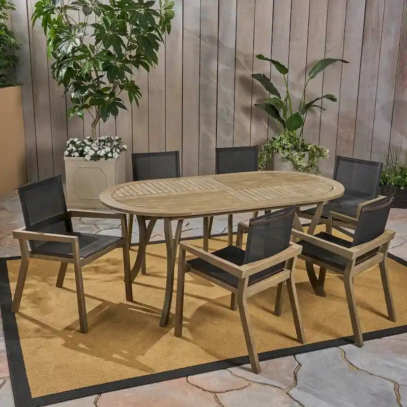 Arletta Outdoor Acacia Wood 6 Seater Patio Dining Set with Mesh Seats by Christopher Knight Home